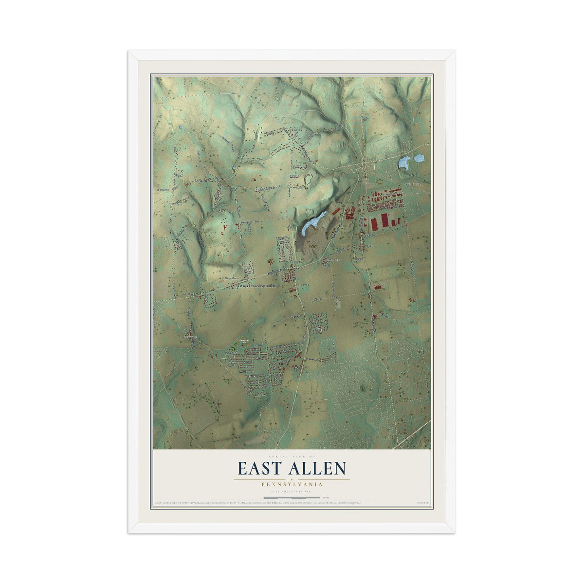 Map of East Allen, Pennsylvania, 12 x 18 inch print in a white wood frame