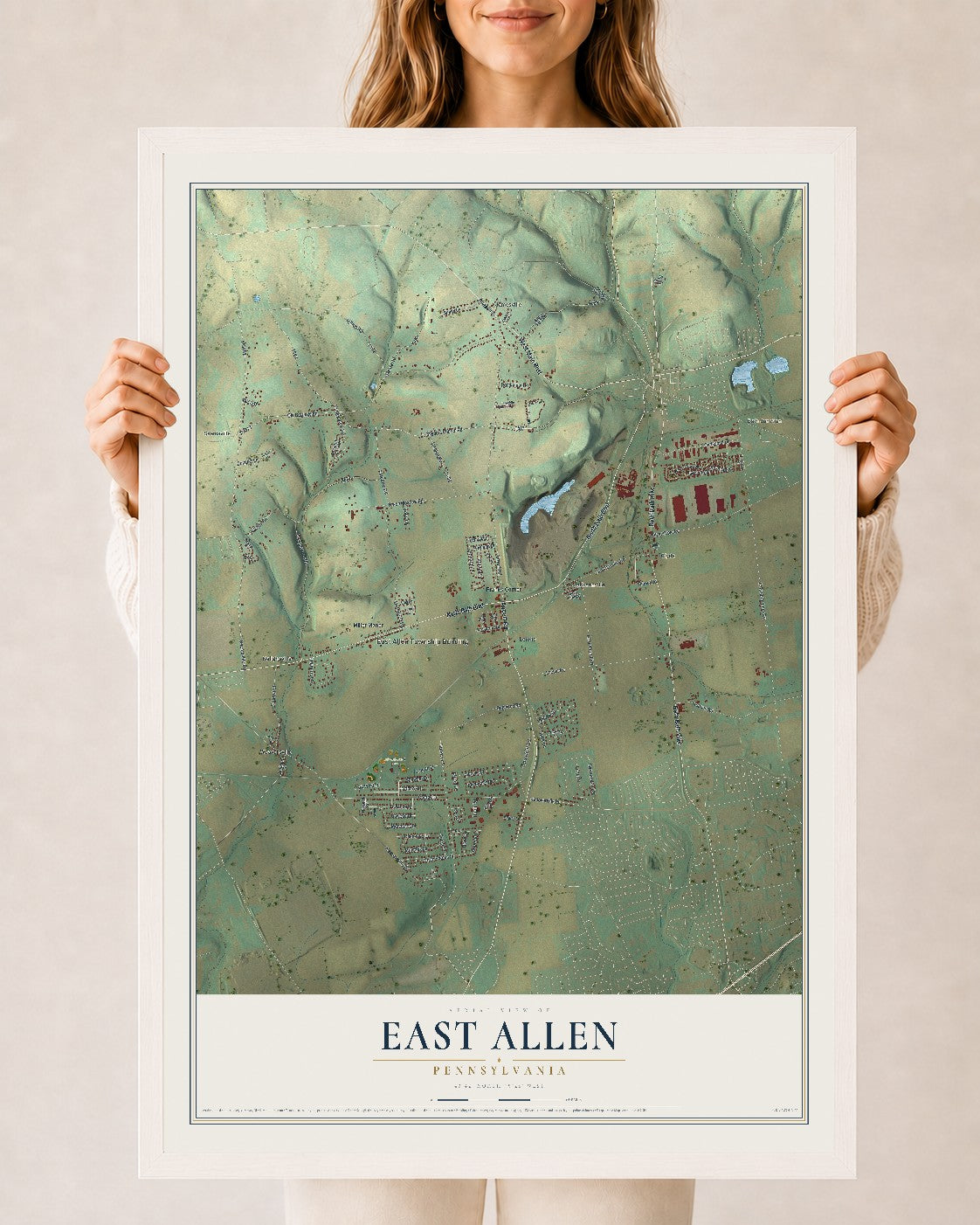 Map of East Allen, Pennsylvania, 24 x 36 inch print in a white wood frame