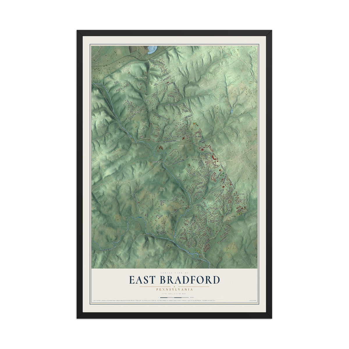 Map of East Bradford, Pennsylvania, 12 x 18 inch print in a black wood frame