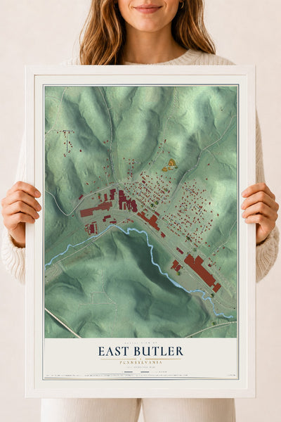 Map of East Butler, Pennsylvania, 18 x 24 inch print in a white wood frame