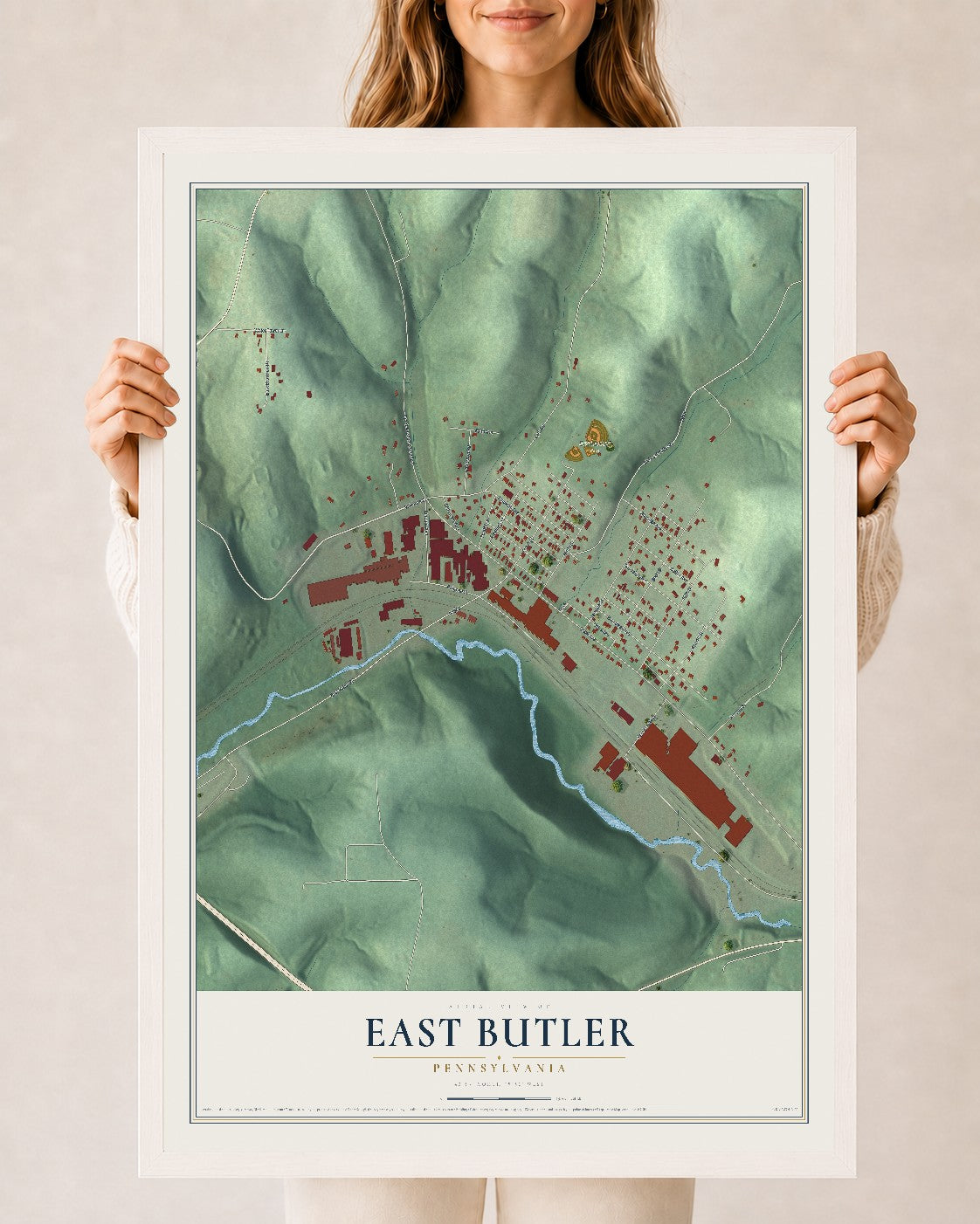 Map of East Butler, Pennsylvania, 24 x 36 inch print in a white wood frame