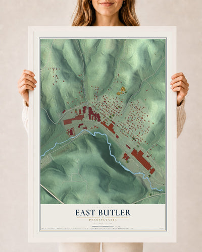 Map of East Butler, Pennsylvania, 24 x 36 inch print in a white wood frame