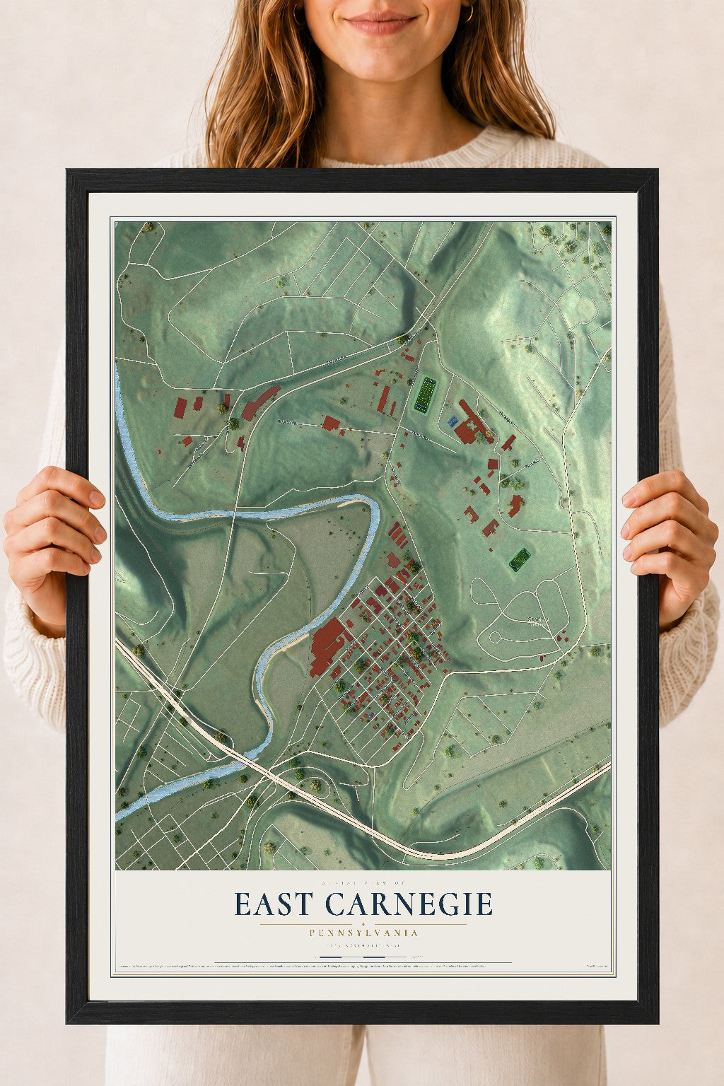 Map of East Carnegie, Pennsylvania, 18 x 24 inch print in a black wood frame