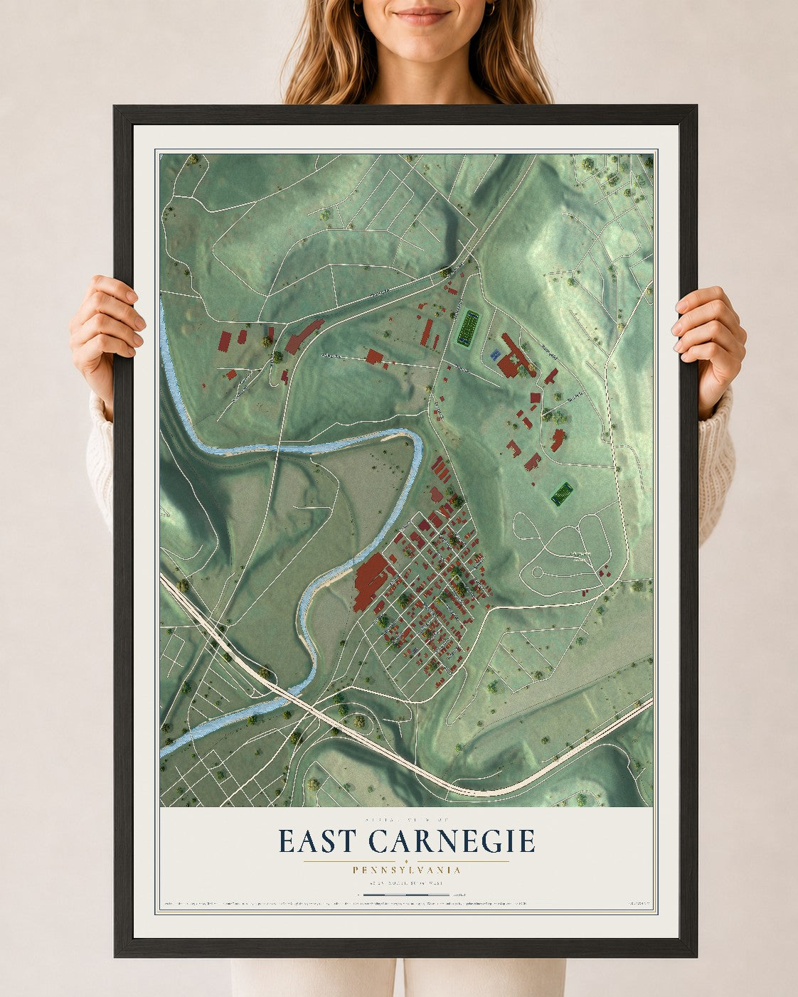 Map of East Carnegie, Pennsylvania, 24 x 36 inch print in a black wood frame
