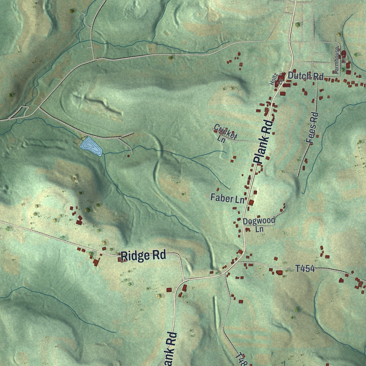 Close-up of the map of East Carroll, Pennsylvania print showing street and building detail