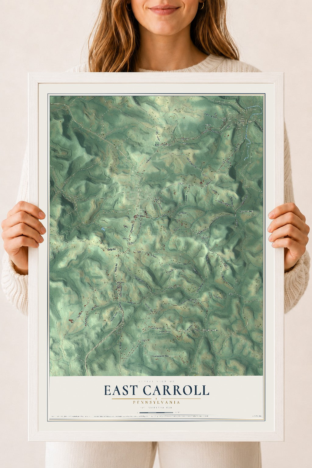 Map of East Carroll, Pennsylvania, 18 x 24 inch print in a white wood frame