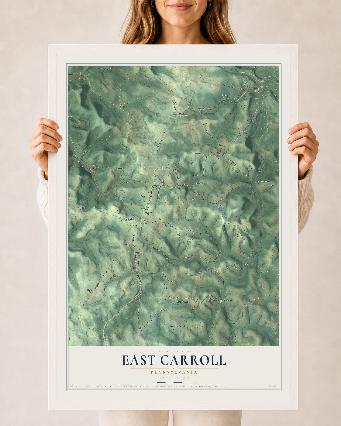Map of East Carroll, Pennsylvania, 24 x 36 inch print in a white wood frame