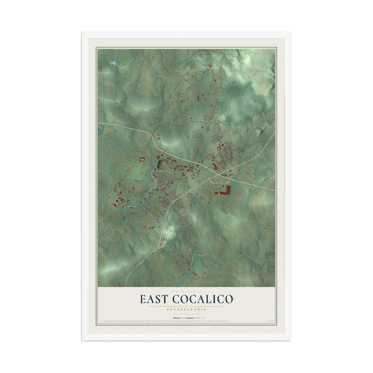 Map of East Cocalico, Pennsylvania, 12 x 18 inch print in a white wood frame