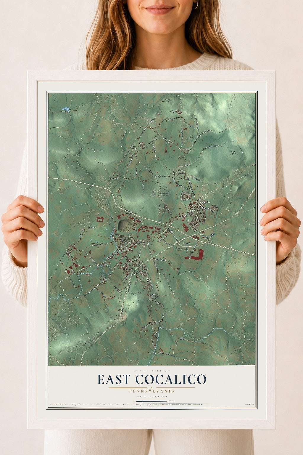 Map of East Cocalico, Pennsylvania, 18 x 24 inch print in a white wood frame
