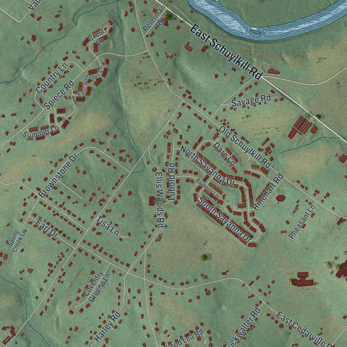 Close-up of the map of East Coventry, Pennsylvania print showing street and building detail
