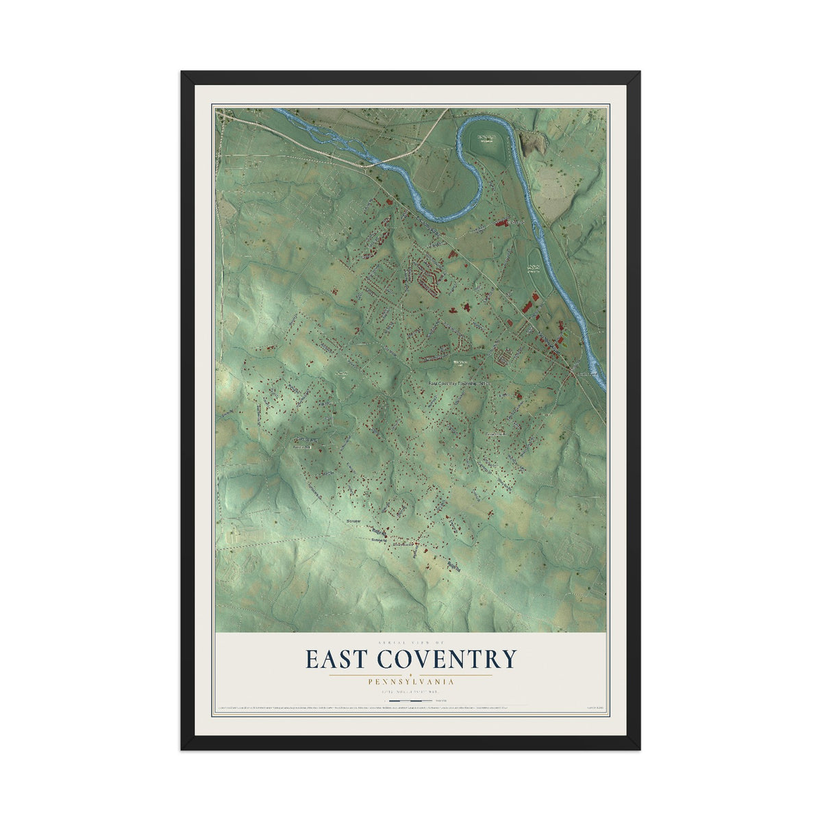 Map of East Coventry, Pennsylvania, 12 x 18 inch print in a black wood frame