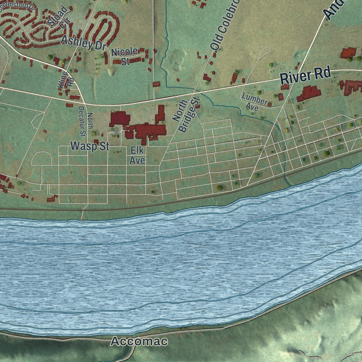 Close-up of the map of East Donegal, Pennsylvania print showing street and building detail