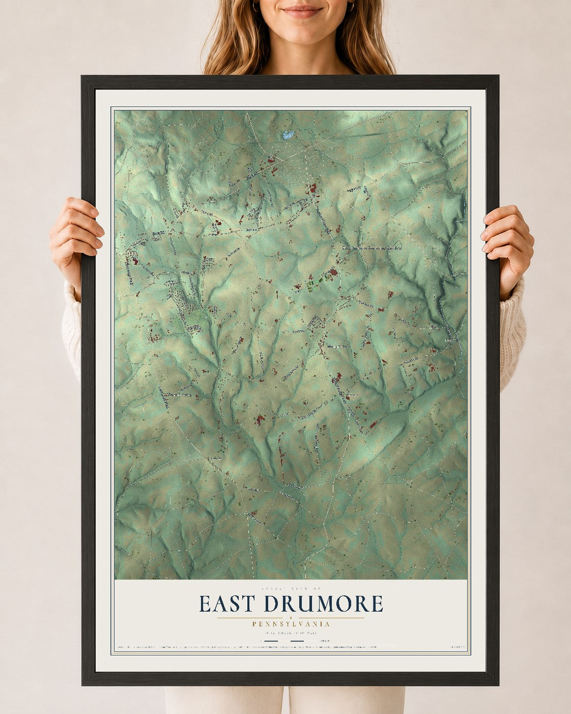 Map of East Drumore, Pennsylvania, 24 x 36 inch print in a black wood frame