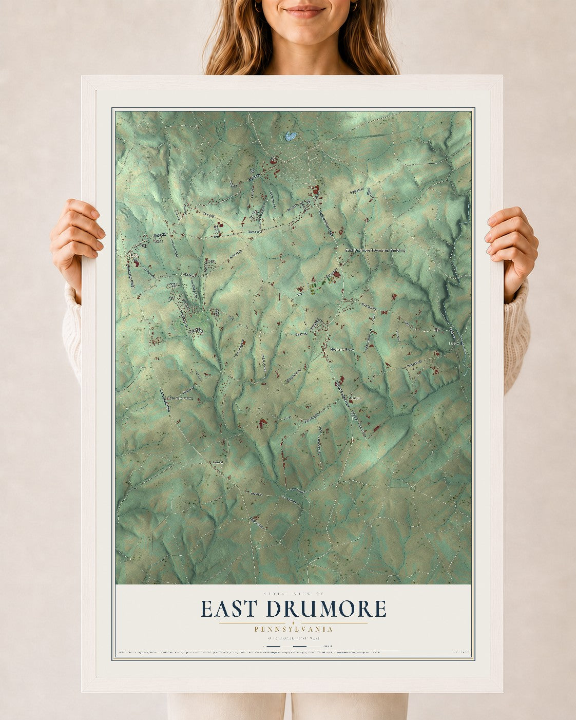 Map of East Drumore, Pennsylvania, 24 x 36 inch print in a white wood frame