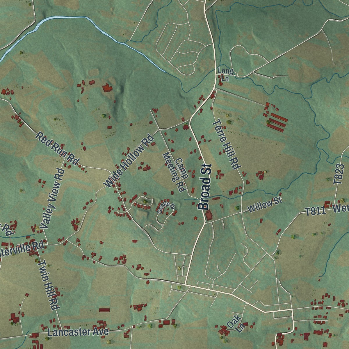 Second close-up of the map of East Earl, Pennsylvania print showing more streets and buildings