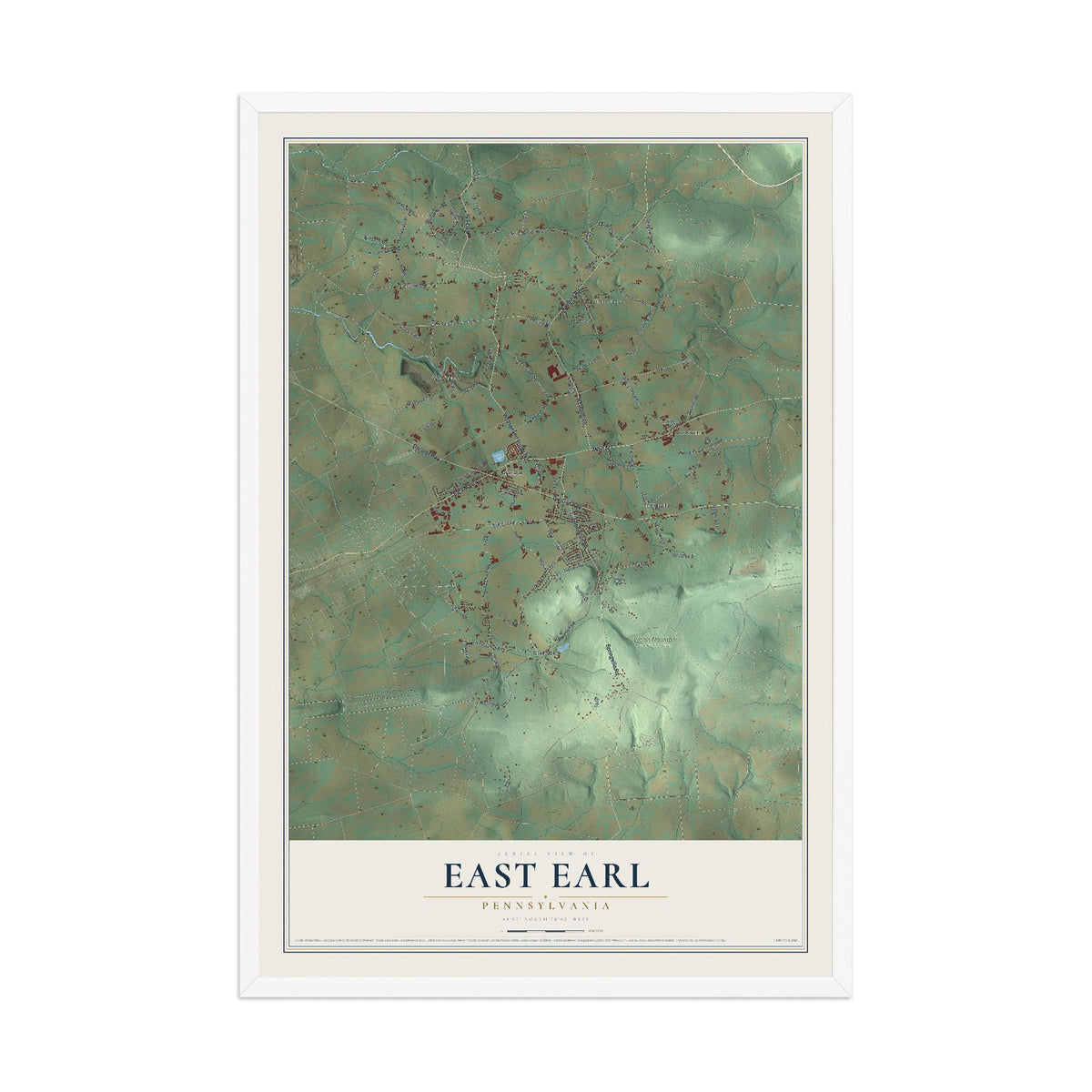 Map of East Earl, Pennsylvania, 12 x 18 inch print in a white wood frame