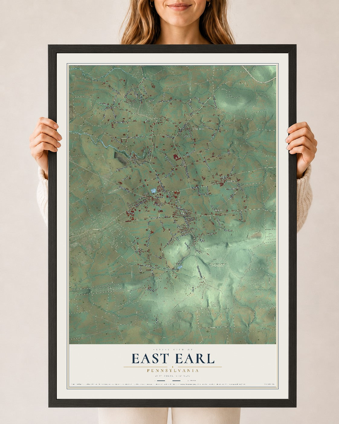 Map of East Earl, Pennsylvania, 24 x 36 inch print in a black wood frame