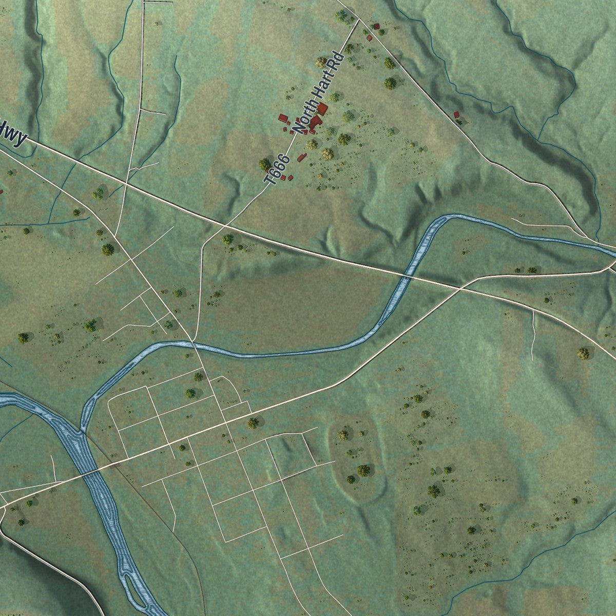 Close-up of the map of East Fairfield, Pennsylvania print showing street and building detail