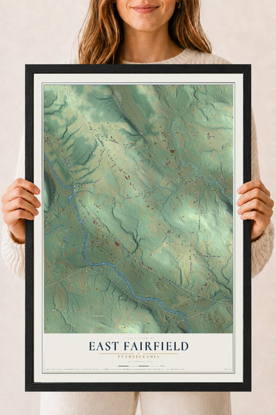 Map of East Fairfield, Pennsylvania, 18 x 24 inch print in a black wood frame