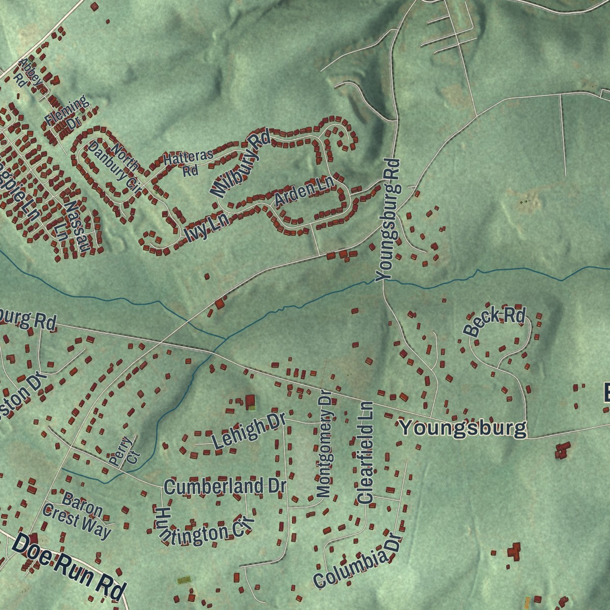 Close-up of the map of East Fallowfield, Chester County, Pennsylvania print showing street and building detail