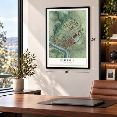 East Falls, Pennsylvania map, 18 x 24 inch print in a black frame in a home office