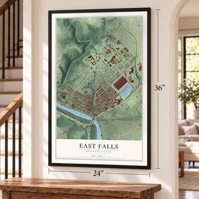 East Falls, Pennsylvania map, 24 x 36 inch print in a black frame by a staircase