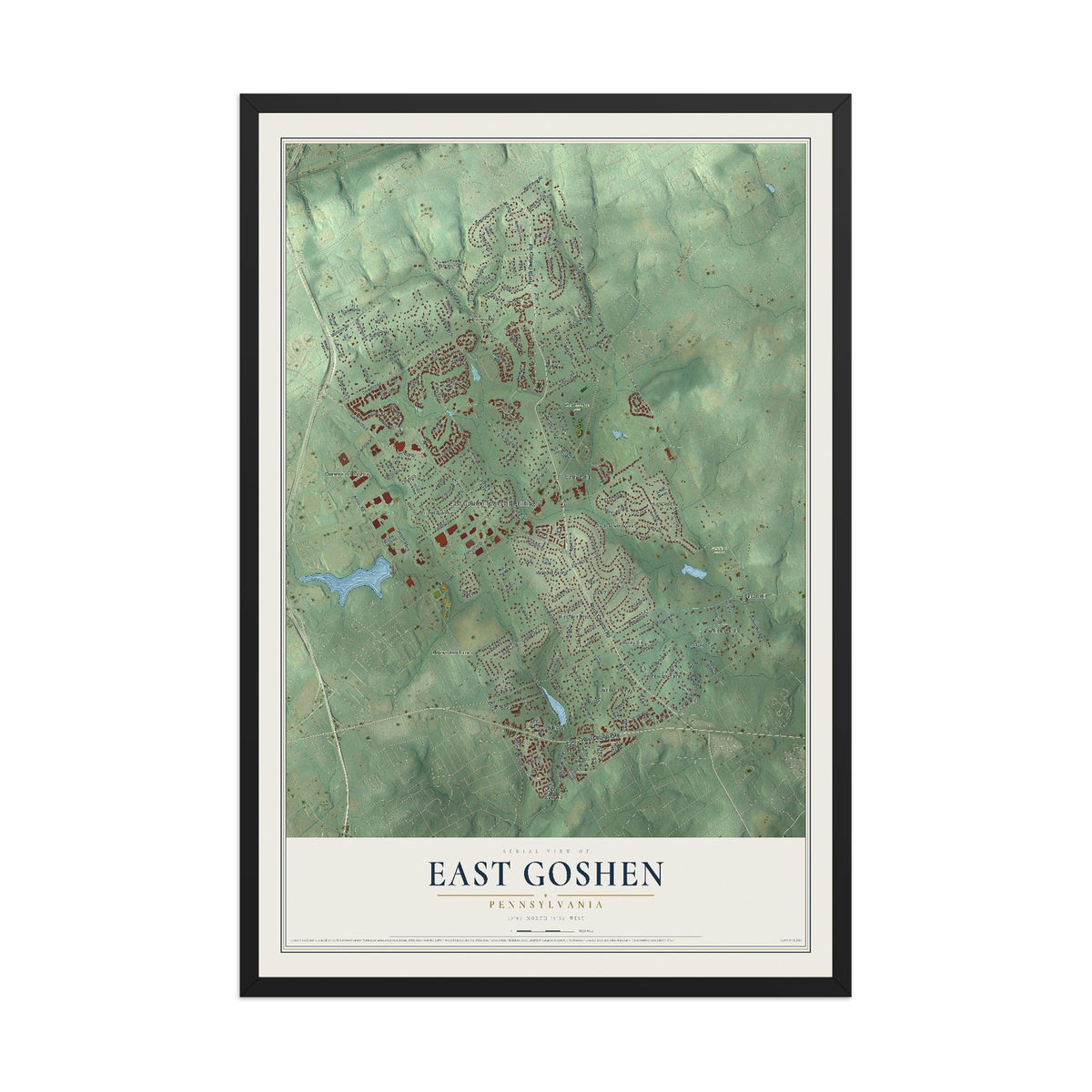 Map of East Goshen, Pennsylvania, 12 x 18 inch print in a black wood frame