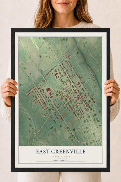 Map of East Greenville, Pennsylvania, 18 x 24 inch print in a black wood frame