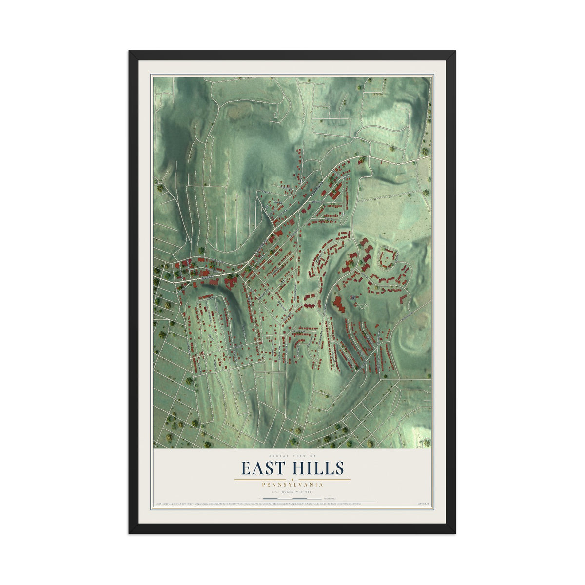 Map of East Hills, Pennsylvania, 12 x 18 inch print in a black wood frame