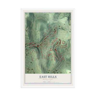 Map of East Hills, Pennsylvania, 12 x 18 inch print in a white wood frame