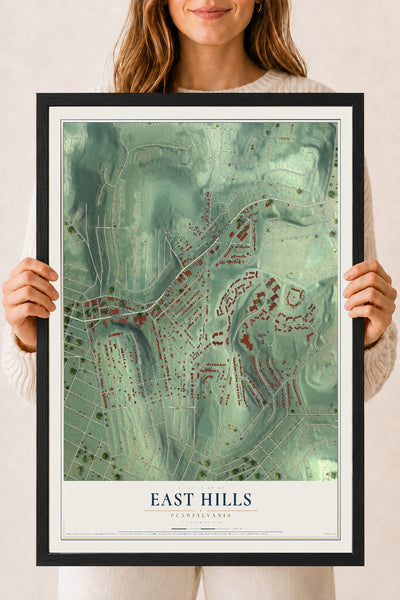 Map of East Hills, Pennsylvania, 18 x 24 inch print in a black wood frame