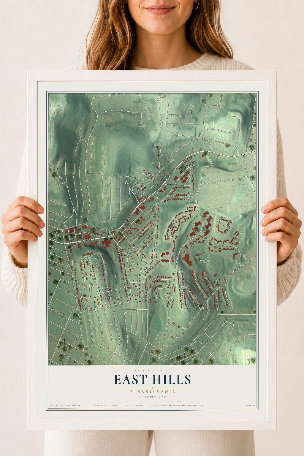 Map of East Hills, Pennsylvania, 18 x 24 inch print in a white wood frame