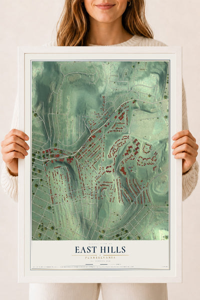 Map of East Hills, Pennsylvania, 18 x 24 inch print in a white wood frame