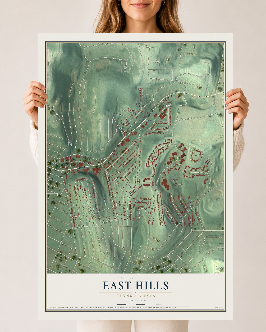 Map of East Hills, Pennsylvania, 24 x 36 inch unframed archival matte print
