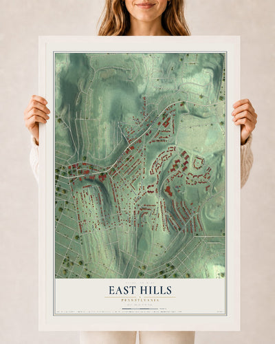 Map of East Hills, Pennsylvania, 24 x 36 inch print in a white wood frame