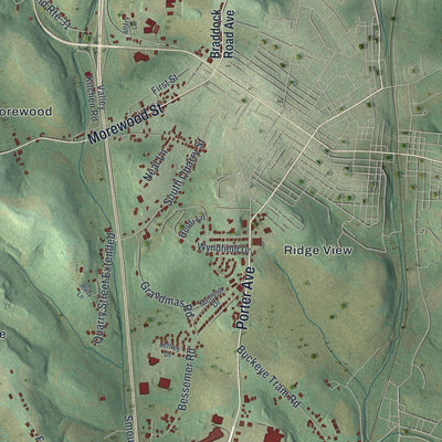 Close-up of the map of East Huntingdon, Pennsylvania print showing street and building detail