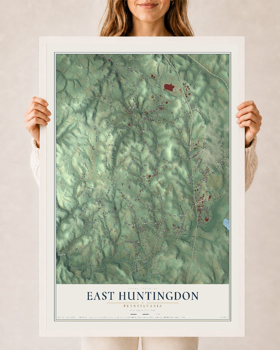 Map of East Huntingdon, Pennsylvania, 24 x 36 inch print in a white wood frame