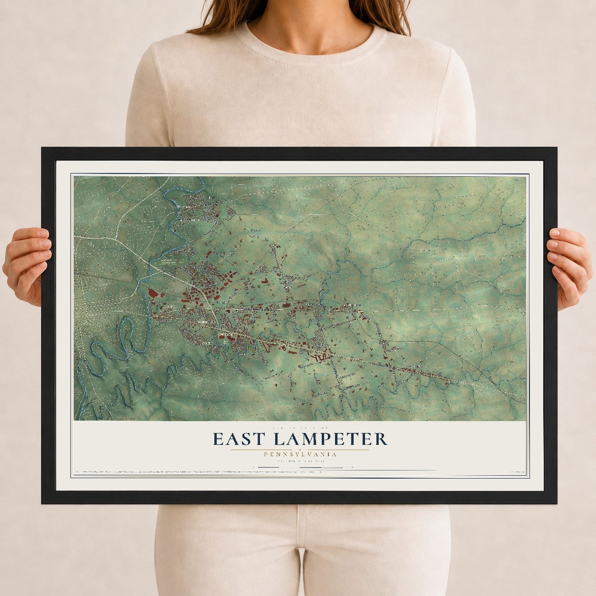 Map of East Lampeter, Pennsylvania, 12 x 18 inch print in a black wood frame