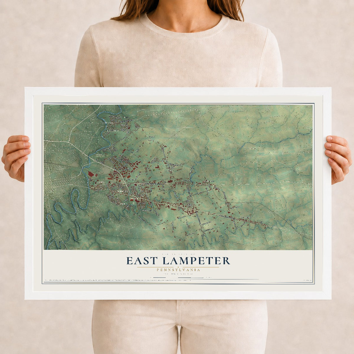 Map of East Lampeter, Pennsylvania, 12 x 18 inch print in a white wood frame