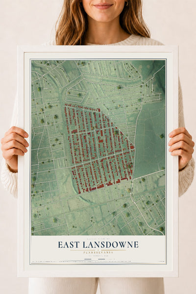 Map of East Lansdowne, Pennsylvania, 18 x 24 inch print in a white wood frame