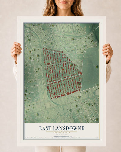 Map of East Lansdowne, Pennsylvania, 24 x 36 inch print in a white wood frame