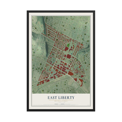 Map of East Liberty, Pennsylvania, 12 x 18 inch print in a black wood frame
