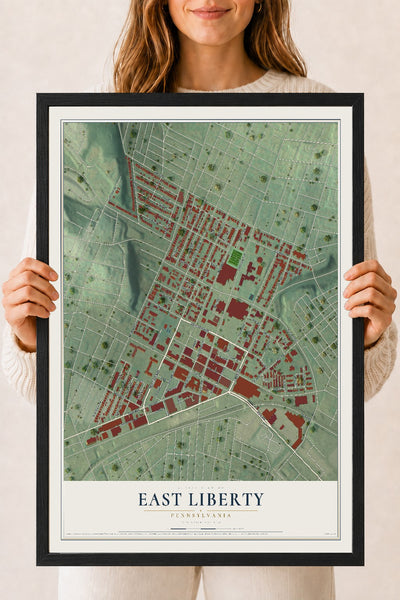 Map of East Liberty, Pennsylvania, 18 x 24 inch print in a black wood frame