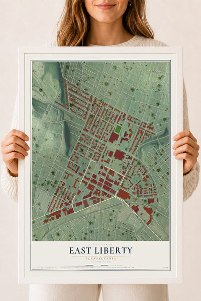 Map of East Liberty, Pennsylvania, 18 x 24 inch print in a white wood frame