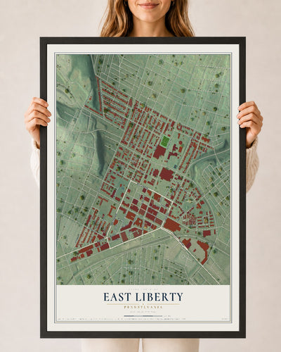 Map of East Liberty, Pennsylvania, 24 x 36 inch print in a black wood frame