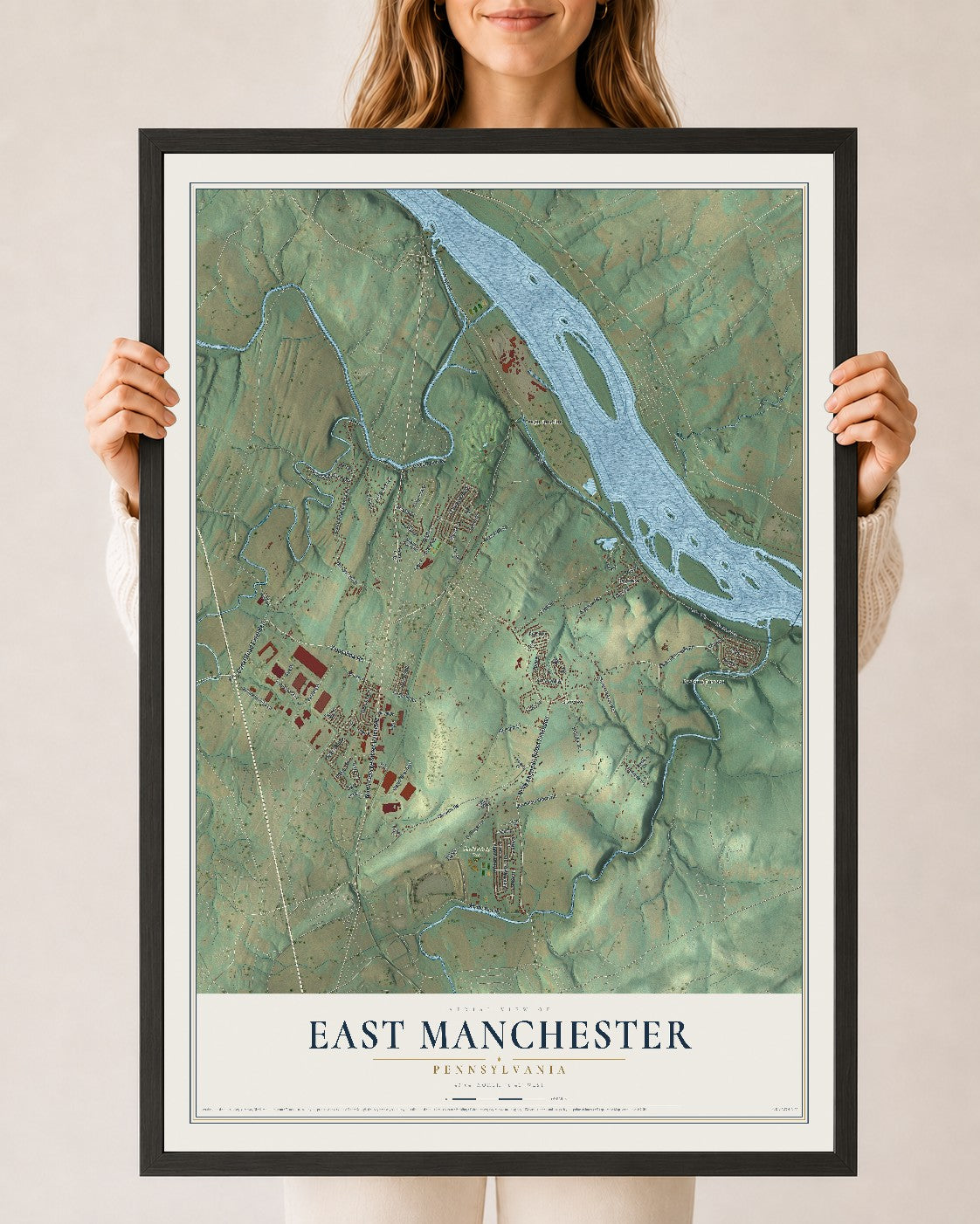 Map of East Manchester, Pennsylvania, 24 x 36 inch print in a black wood frame