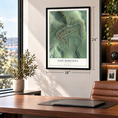 East Marianna, Pennsylvania map, 18 x 24 inch print in a black frame in a home office
