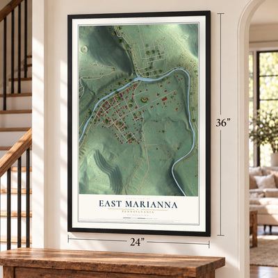 East Marianna, Pennsylvania map, 24 x 36 inch print in a black frame by a staircase