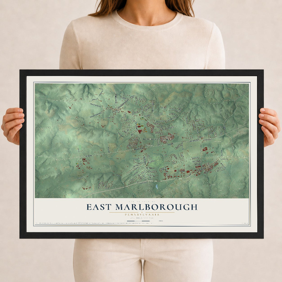 Map of East Marlborough, Pennsylvania, 12 x 18 inch print in a black wood frame
