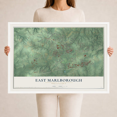 Map of East Marlborough, Pennsylvania, 24 x 36 inch print in a white wood frame